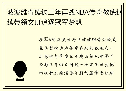 波波维奇续约三年再战NBA传奇教练继续带领文班追逐冠军梦想